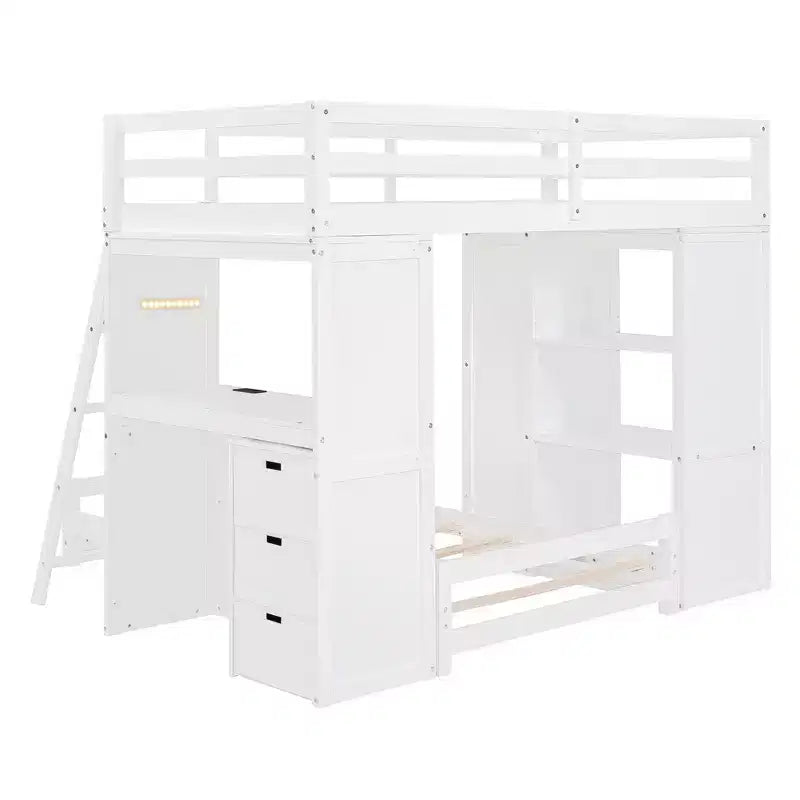 Whisen Twin over twin Bunk Bed with Drawers, Shelves, Desk, LED Light and Charging Ports