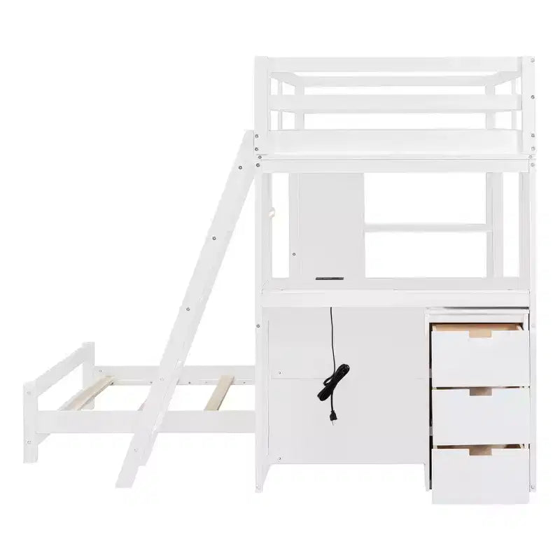 Whisen Twin over twin Bunk Bed with Drawers, Shelves, Desk, LED Light and Charging Ports