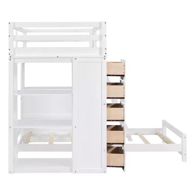 Whisen Twin over twin Bunk Bed with Drawers, Shelves, Desk, LED Light and Charging Ports