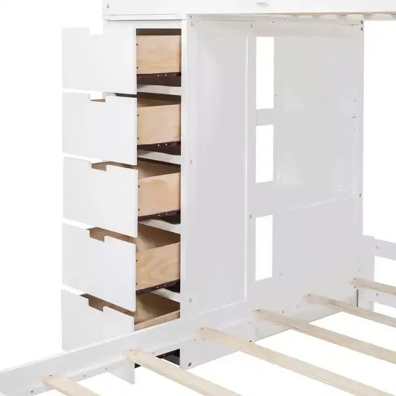 Whisen Twin over twin Bunk Bed with Drawers, Shelves, Desk, LED Light and Charging Ports