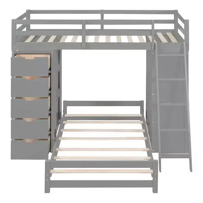 Whisen Twin over twin Bunk Bed with Drawers, Shelves, Desk, LED Light and Charging Ports