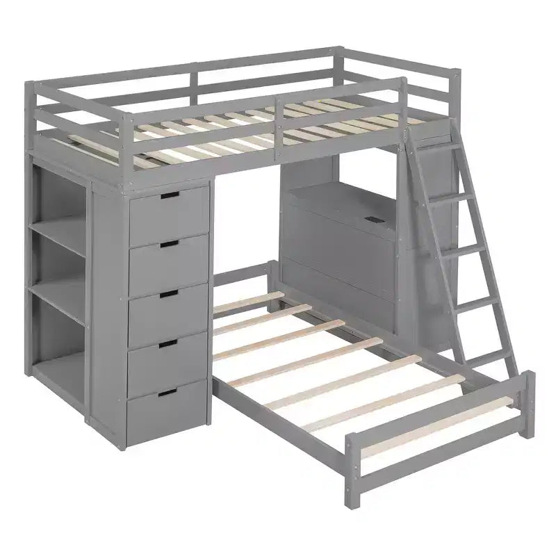Whisen Twin over twin Bunk Bed with Drawers, Shelves, Desk, LED Light and Charging Ports