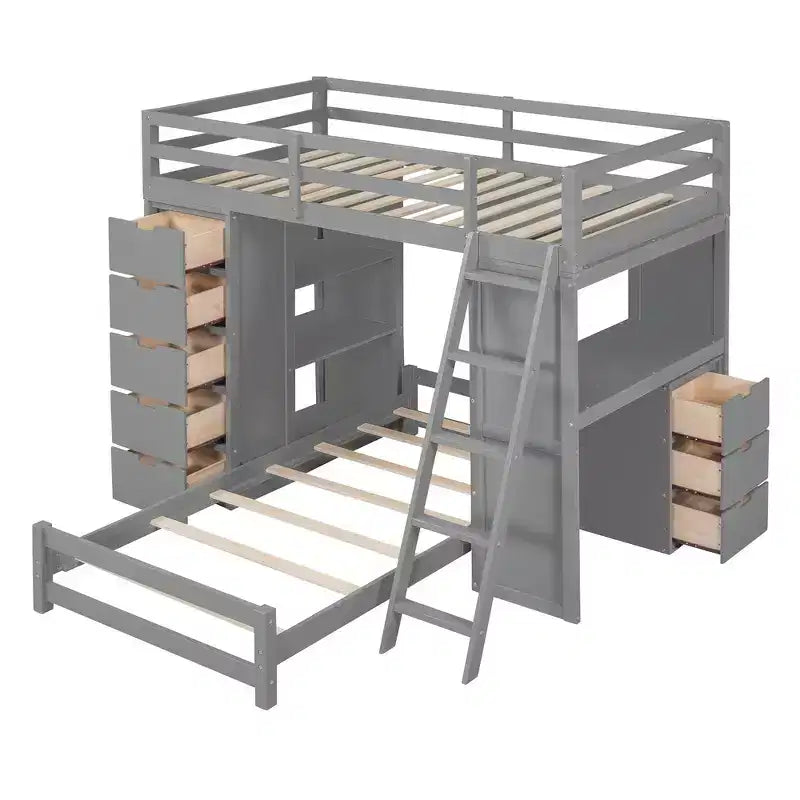 Whisen Twin over twin Bunk Bed with Drawers, Shelves, Desk, LED Light and Charging Ports