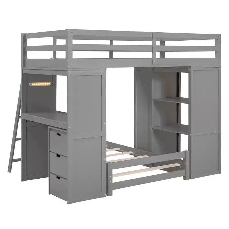 Whisen Twin over twin Bunk Bed with Drawers, Shelves, Desk, LED Light and Charging Ports