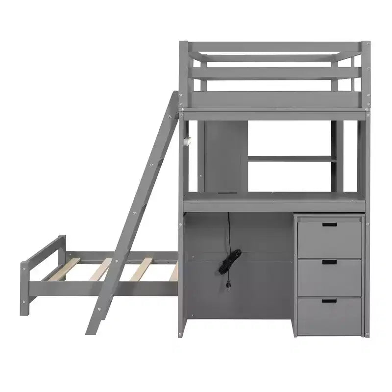 Whisen Twin over twin Bunk Bed with Drawers, Shelves, Desk, LED Light and Charging Ports