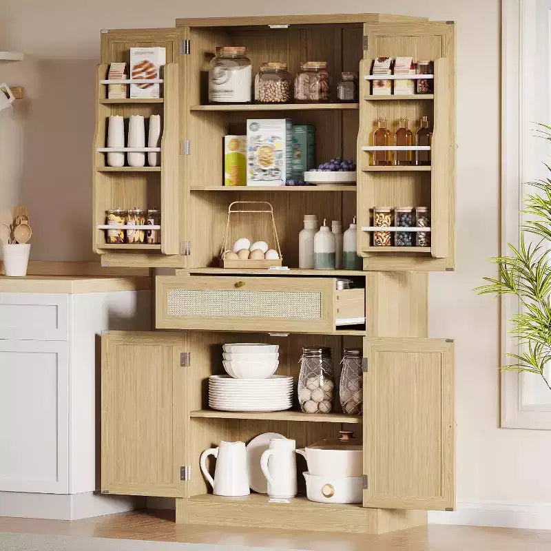 72-Inch Tall Rattan Kitchen Pantry Cabinet with Drawer, Adjustable Shelves, Farmhouse Style Cupboard Storage, For Kitchen, Dining Room, Bathroom