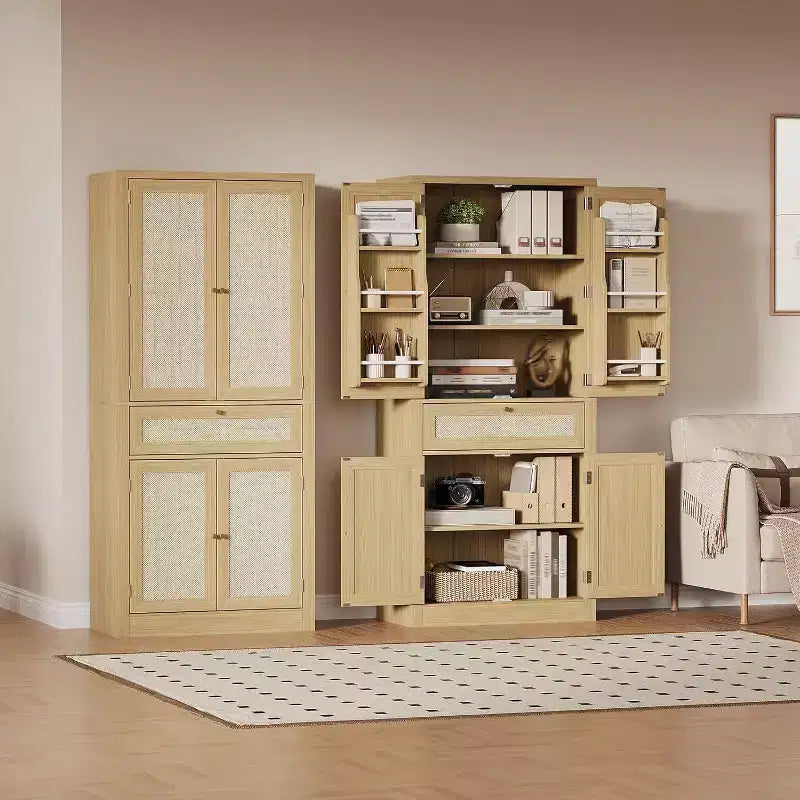 72-Inch Tall Rattan Kitchen Pantry Cabinet with Drawer, Adjustable Shelves, Farmhouse Style Cupboard Storage, For Kitchen, Dining Room, Bathroom