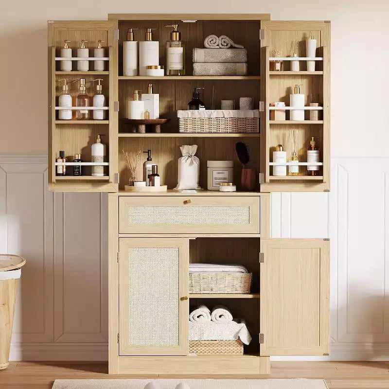 72-Inch Tall Rattan Kitchen Pantry Cabinet with Drawer, Adjustable Shelves, Farmhouse Style Cupboard Storage, For Kitchen, Dining Room, Bathroom