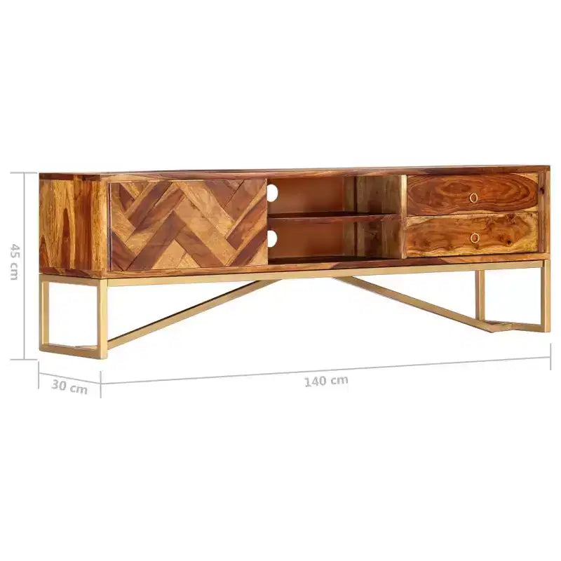 vidaXL TV Cabinet Brown Solid Sheesham Wood, Brass powder-coated iron