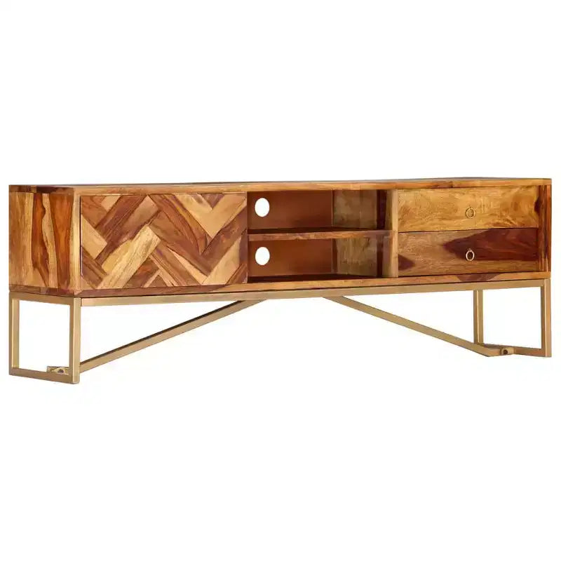 vidaXL TV Cabinet Brown Solid Sheesham Wood, Brass powder-coated iron