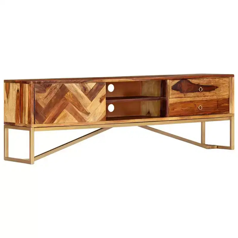 vidaXL TV Cabinet Brown Solid Sheesham Wood, Brass powder-coated iron