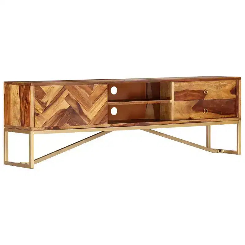 vidaXL TV Cabinet Brown Solid Sheesham Wood, Brass powder-coated iron