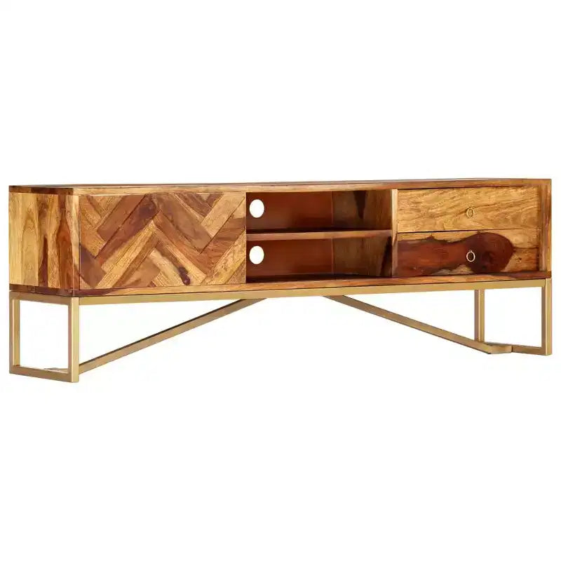 vidaXL TV Cabinet Brown Solid Sheesham Wood, Brass powder-coated iron