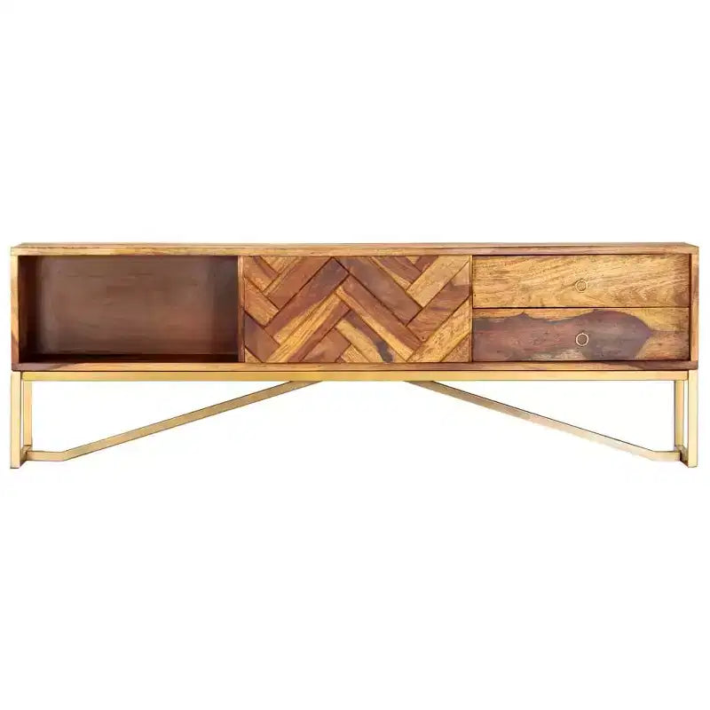 vidaXL TV Cabinet Brown Solid Sheesham Wood, Brass powder-coated iron