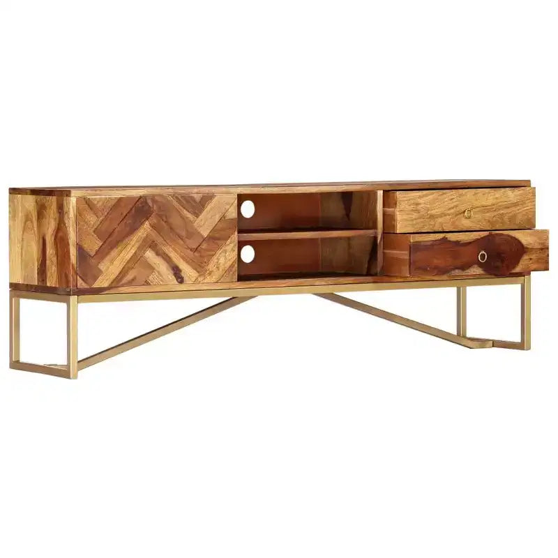 vidaXL TV Cabinet Brown Solid Sheesham Wood, Brass powder-coated iron