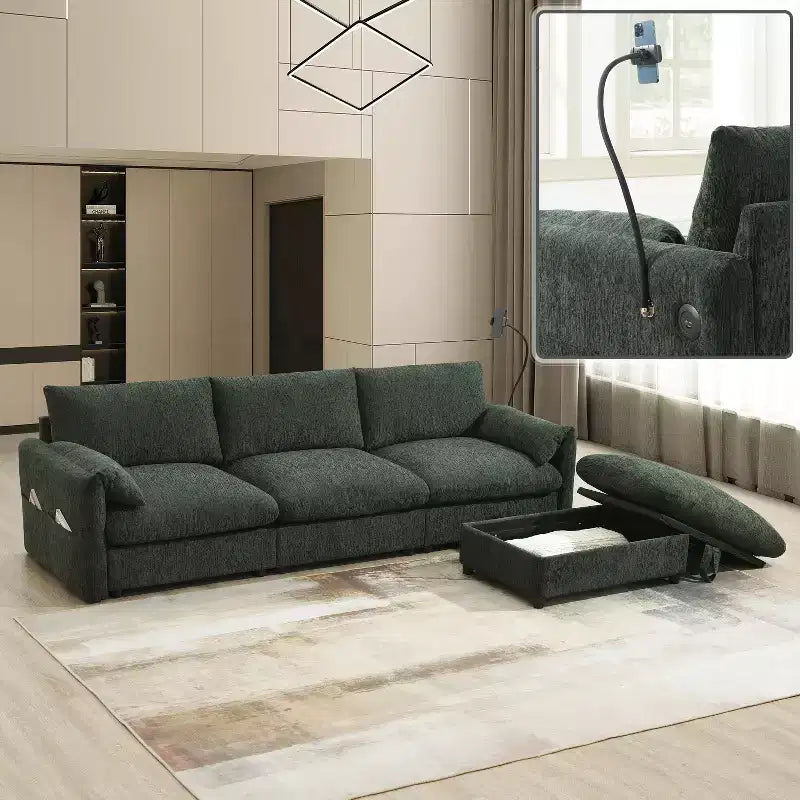 96.5'' L-Shaped Sectional Sofa with Storage Ottoman, USB Charger, and Phone Holder Chenille Upholstery 4-Seat Couch for Living Room
