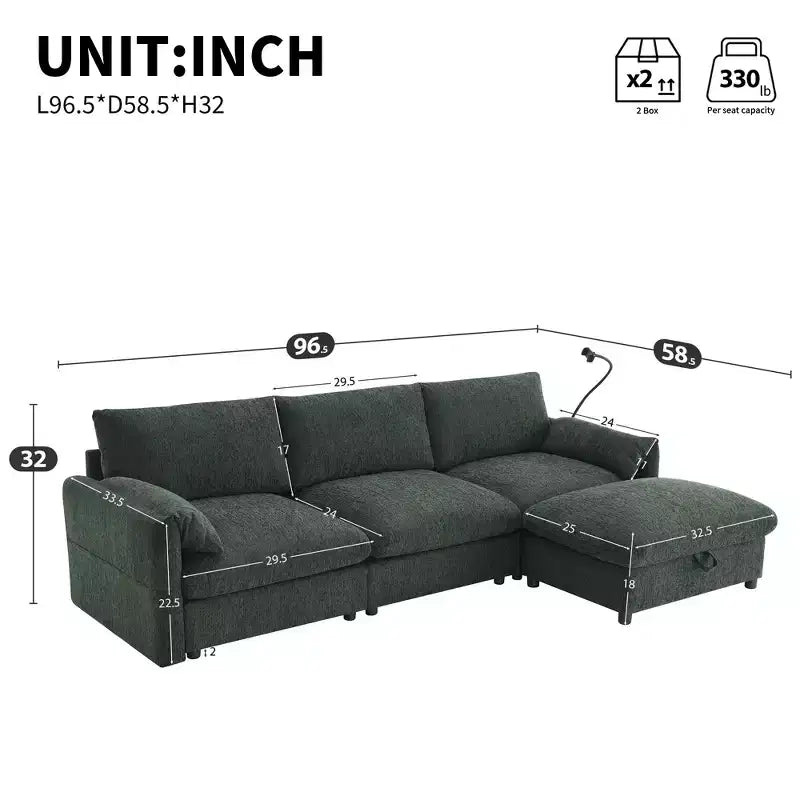 96.5'' L-Shaped Sectional Sofa with Storage Ottoman, USB Charger, and Phone Holder Chenille Upholstery 4-Seat Couch for Living Room