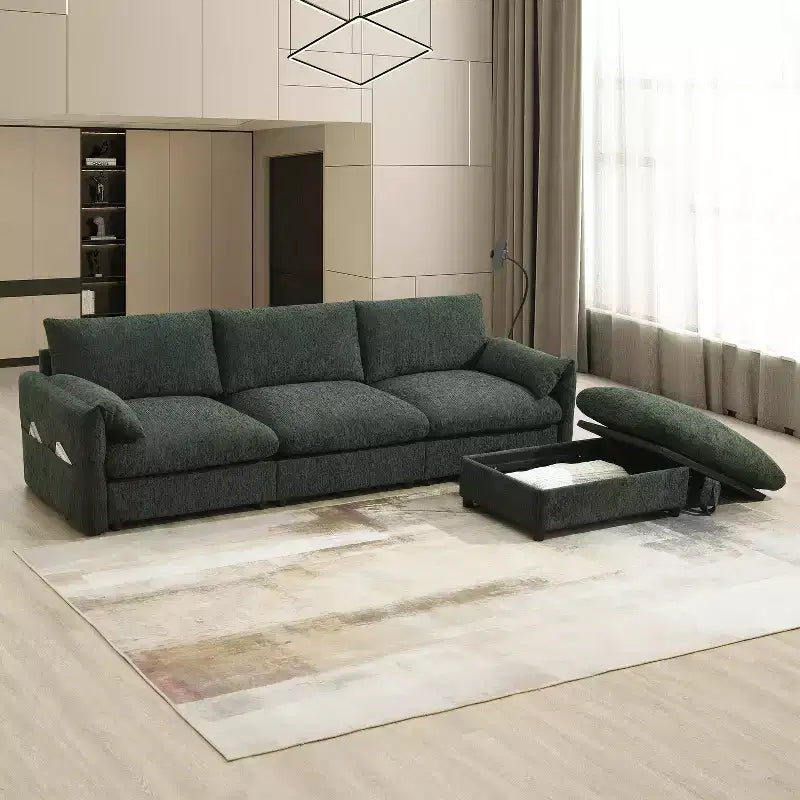 96.5'' L-Shaped Sectional Sofa with Storage Ottoman, USB Charger, and Phone Holder Chenille Upholstery 4-Seat Couch for Living Room