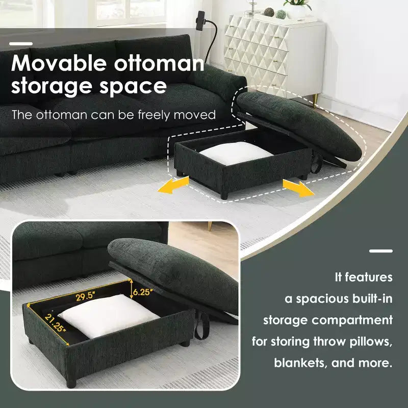 96.5'' L-Shaped Sectional Sofa with Storage Ottoman, USB Charger, and Phone Holder Chenille Upholstery 4-Seat Couch for Living Room