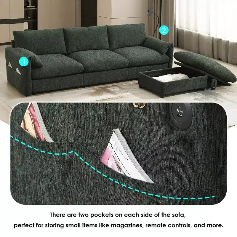 96.5'' L-Shaped Sectional Sofa with Storage Ottoman, USB Charger, and Phone Holder Chenille Upholstery 4-Seat Couch for Living Room