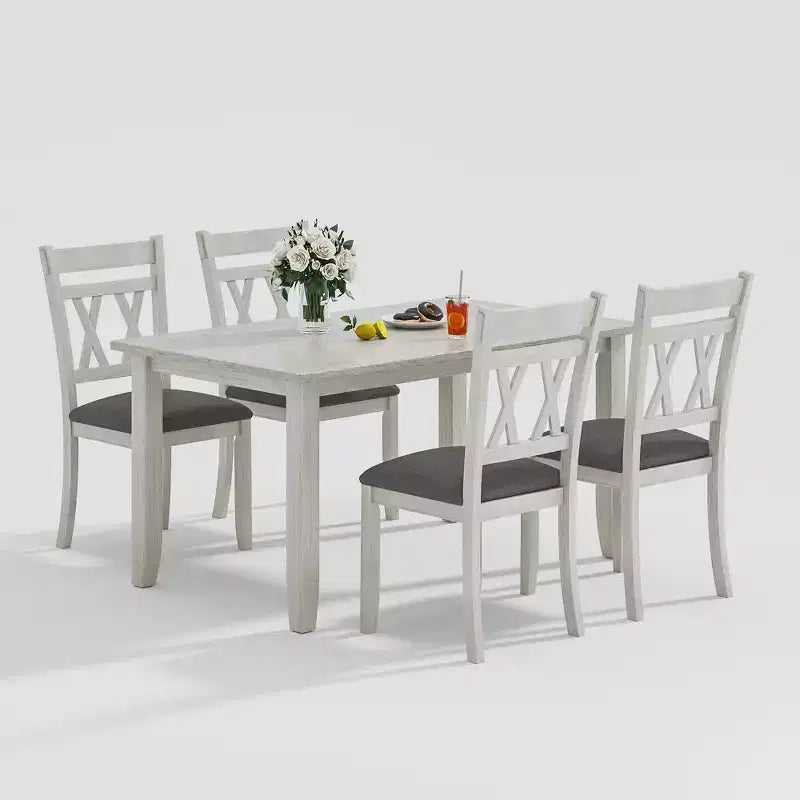 VECELO Farmhouse Style Dining Table Set, Rubber Wood Table with 4/6 Upholstered Dining Chairs, Gray