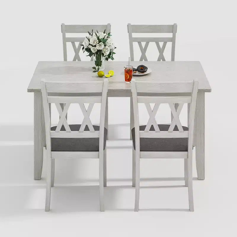VECELO Farmhouse Style Dining Table Set, Rubber Wood Table with 4/6 Upholstered Dining Chairs, Gray