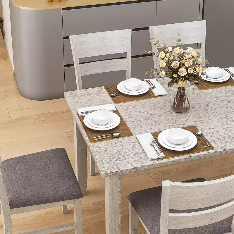 VECELO Farmhouse Style Dining Table Set, Rubber Wood Table with 4/6 Upholstered Dining Chairs, Gray
