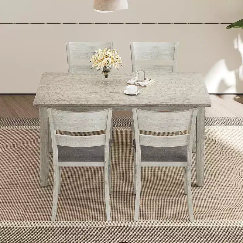VECELO Farmhouse Style Dining Table Set, Rubber Wood Table with 4/6 Upholstered Dining Chairs, Gray