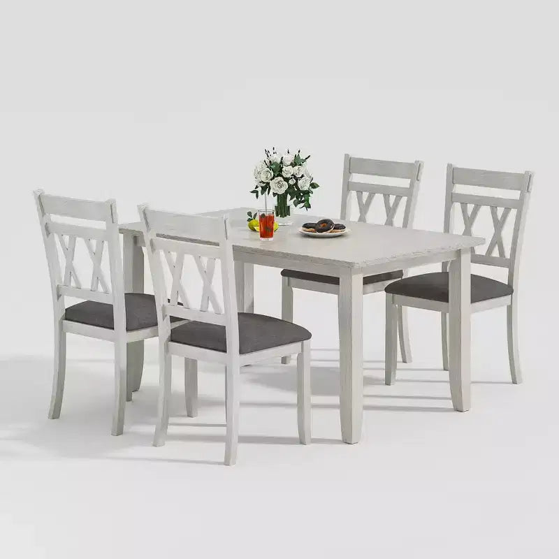 VECELO Farmhouse Style Dining Table Set, Rubber Wood Table with 4/6 Upholstered Dining Chairs, Gray