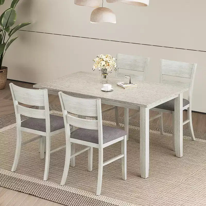 VECELO Farmhouse Style Dining Table Set, Rubber Wood Table with 4/6 Upholstered Dining Chairs, Gray
