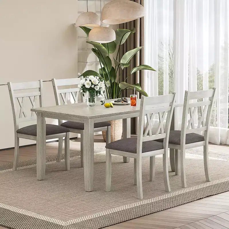 VECELO Farmhouse Style Dining Table Set, Rubber Wood Table with 4/6 Upholstered Dining Chairs, Gray