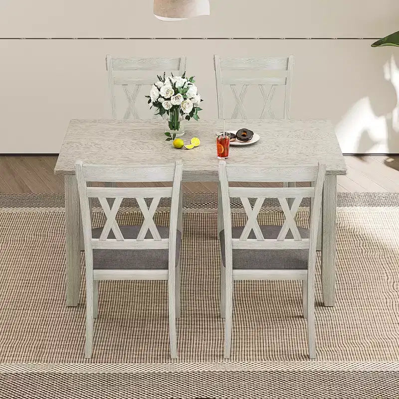 VECELO Farmhouse Style Dining Table Set, Rubber Wood Table with 4/6 Upholstered Dining Chairs, Gray