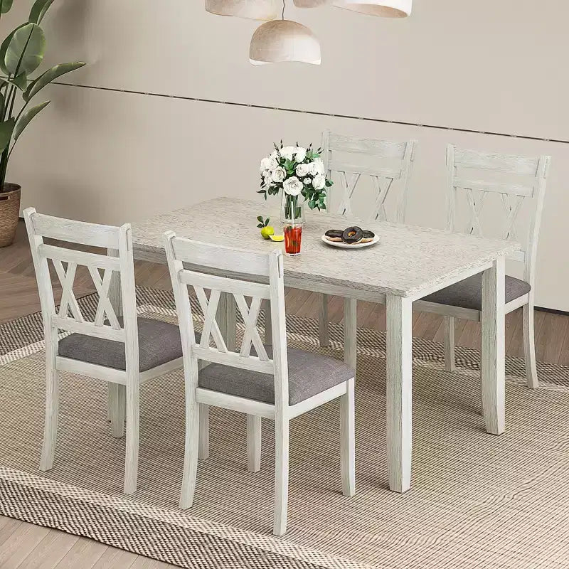 VECELO Farmhouse Style Dining Table Set, Rubber Wood Table with 4/6 Upholstered Dining Chairs, Gray