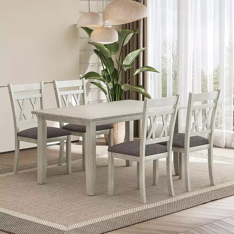 VECELO Farmhouse Style Dining Table Set, Rubber Wood Table with 4/6 Upholstered Dining Chairs, Gray