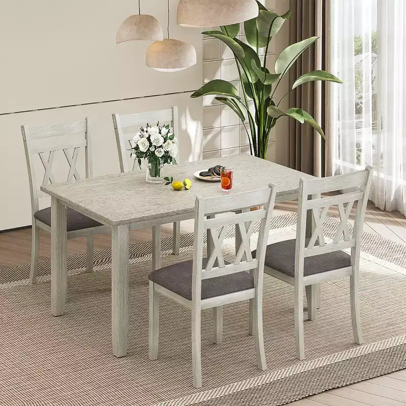 VECELO Farmhouse Style Dining Table Set, Rubber Wood Table with 4/6 Upholstered Dining Chairs, Gray