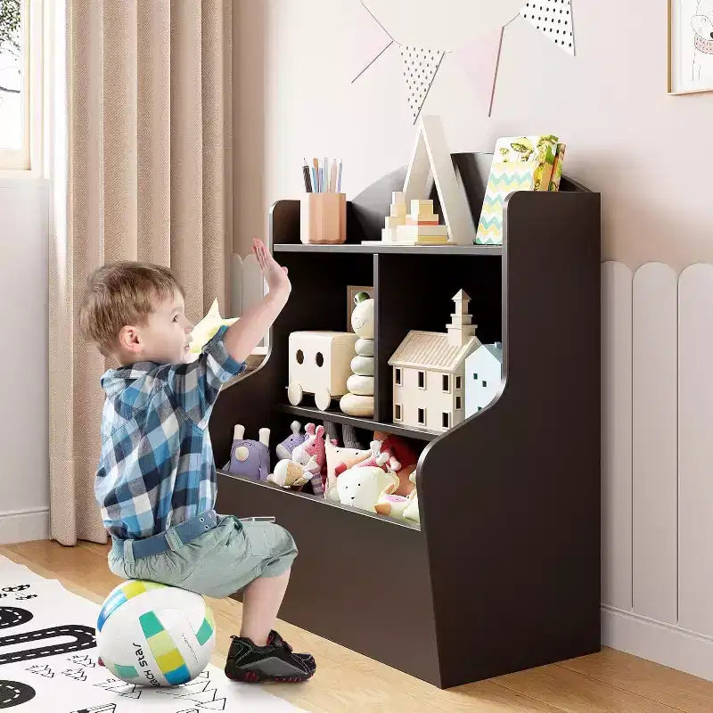 Acekool 3-Tier Kids Toy Storage Organizer, Bookshelf with 5 Compartments, Toy and Book Shelf for Bedroom, Playroom, or Classroom, Brown