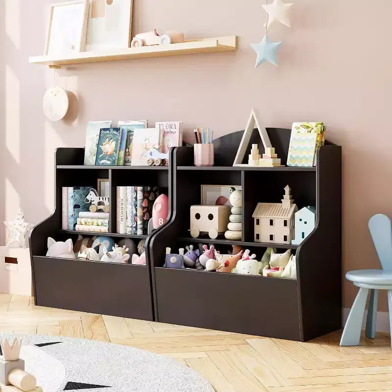 Acekool 3-Tier Kids Toy Storage Organizer, Bookshelf with 5 Compartments, Toy and Book Shelf for Bedroom, Playroom, or Classroom, Brown