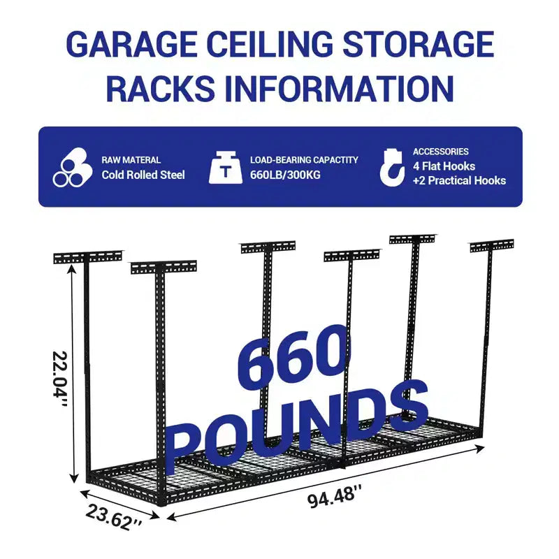 Overhead Garage Storage Rack ,Steel Ceiling Shelves Capacity,Height Adjustable 22-40 Inches,Space-Saving for Attic Basement Shed (4/6 Posts)