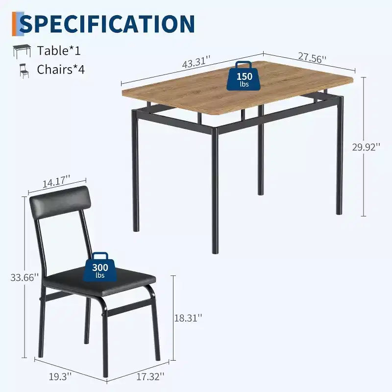 5-Piece Dining Table Set, Brown Wood Kitchen Table with 4 PU Upholstered Chairs, Space-Saving Metal Frame Dinette, for Dining Room