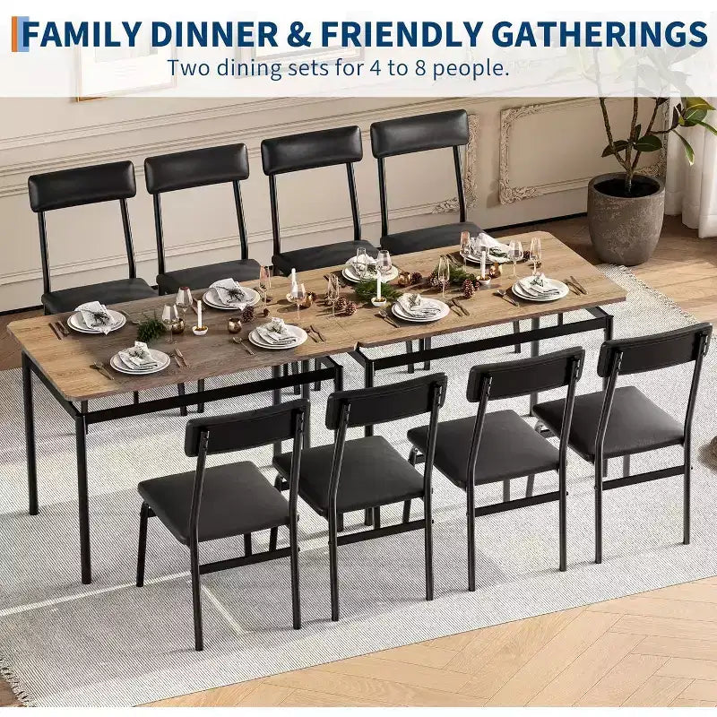 5-Piece Dining Table Set, Brown Wood Kitchen Table with 4 PU Upholstered Chairs, Space-Saving Metal Frame Dinette, for Dining Room