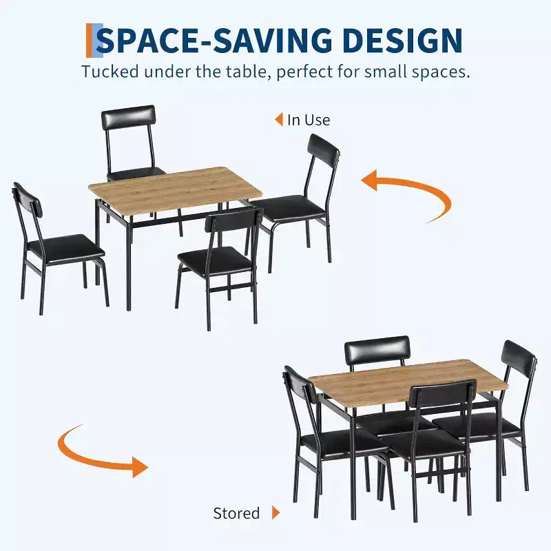 5-Piece Dining Table Set, Brown Wood Kitchen Table with 4 PU Upholstered Chairs, Space-Saving Metal Frame Dinette, for Dining Room