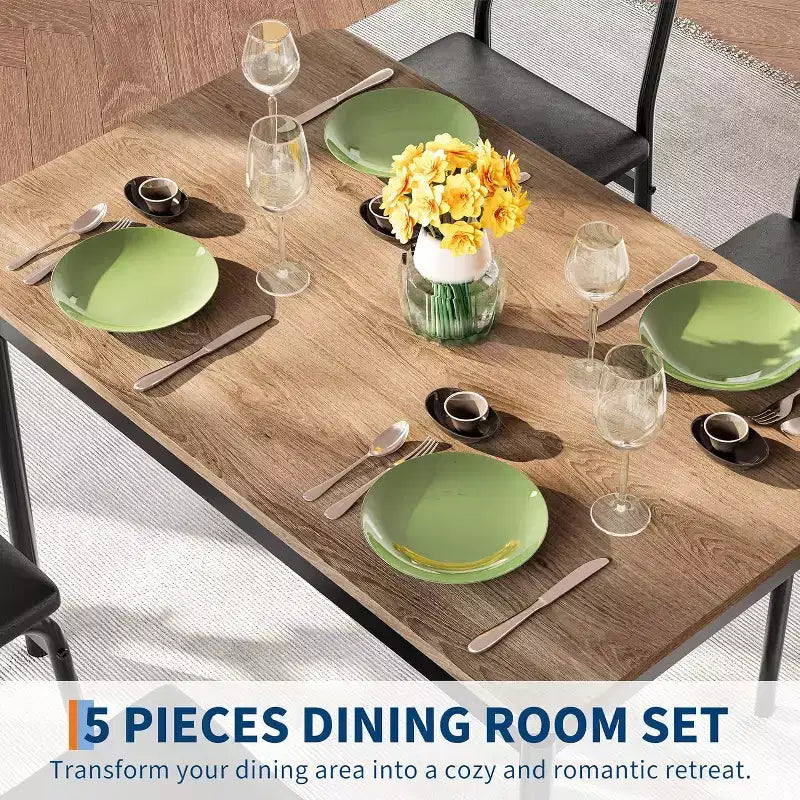5-Piece Dining Table Set, Brown Wood Kitchen Table with 4 PU Upholstered Chairs, Space-Saving Metal Frame Dinette, for Dining Room