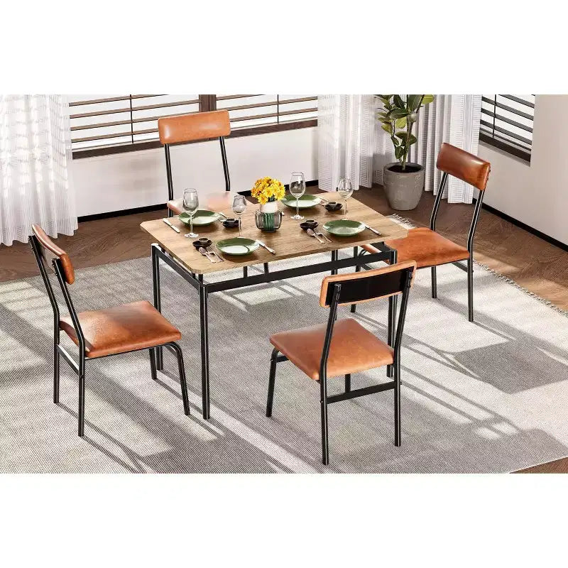5-Piece Dining Table Set, Brown Wood Kitchen Table with 4 PU Upholstered Chairs, Space-Saving Metal Frame Dinette, for Dining Room