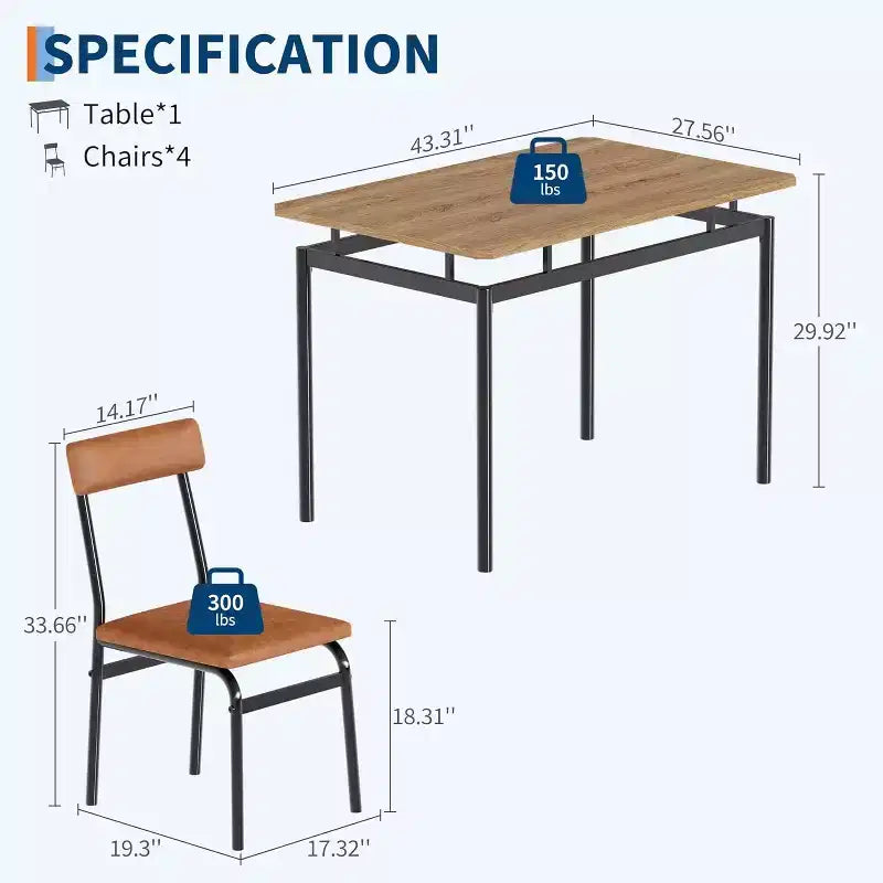 5-Piece Dining Table Set, Brown Wood Kitchen Table with 4 PU Upholstered Chairs, Space-Saving Metal Frame Dinette, for Dining Room