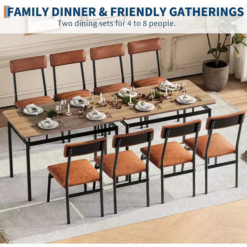 5-Piece Dining Table Set, Brown Wood Kitchen Table with 4 PU Upholstered Chairs, Space-Saving Metal Frame Dinette, for Dining Room
