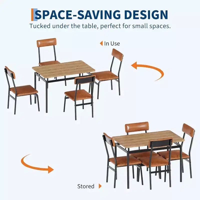 5-Piece Dining Table Set, Brown Wood Kitchen Table with 4 PU Upholstered Chairs, Space-Saving Metal Frame Dinette, for Dining Room