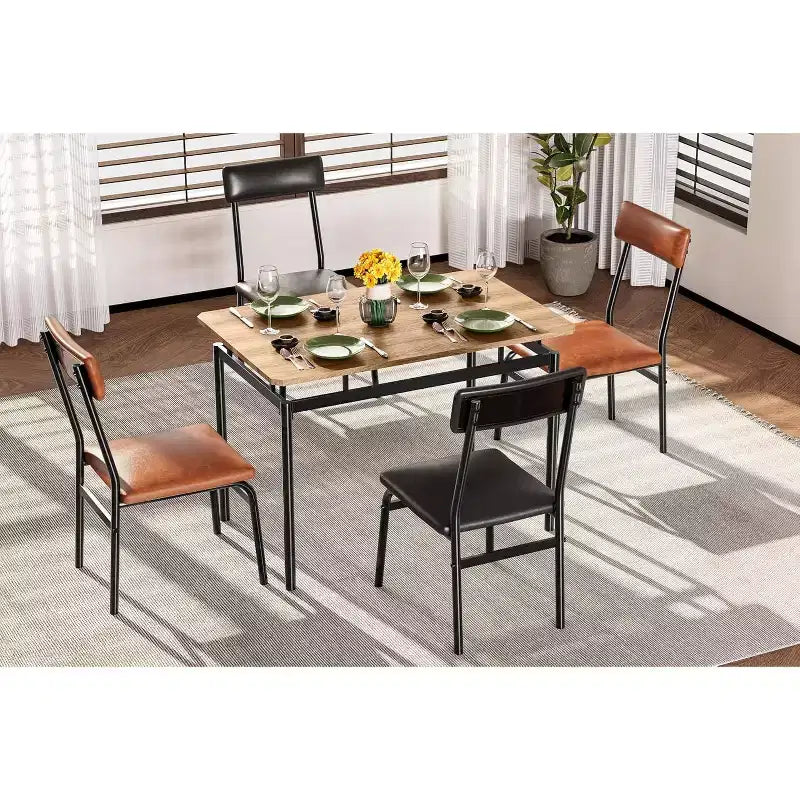 5-Piece Dining Table Set, Brown Wood Kitchen Table with 4 PU Upholstered Chairs, Space-Saving Metal Frame Dinette, for Dining Room