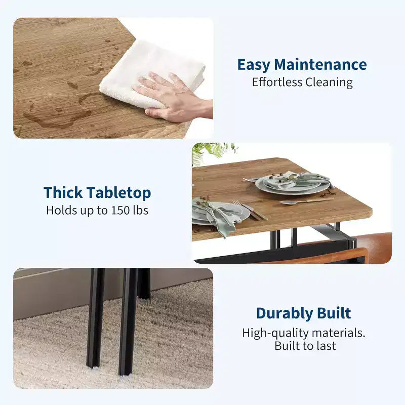 5-Piece Dining Table Set, Brown Wood Kitchen Table with 4 PU Upholstered Chairs, Space-Saving Metal Frame Dinette, for Dining Room