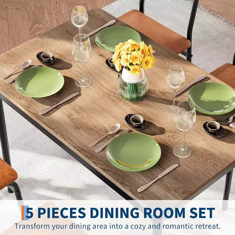 5-Piece Dining Table Set, Brown Wood Kitchen Table with 4 PU Upholstered Chairs, Space-Saving Metal Frame Dinette, for Dining Room