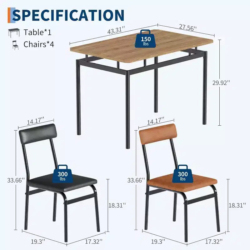 5-Piece Dining Table Set, Brown Wood Kitchen Table with 4 PU Upholstered Chairs, Space-Saving Metal Frame Dinette, for Dining Room